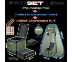 Holdcarp Akční set - kempingová přenosná skládací toaleta Portable Toi + samorozkládací toaletní a sprchovací stan + toaletní příslušenství Toi Garbage kit